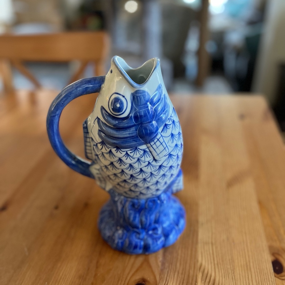 Vintage Blue Ceramic Fish Pitcher